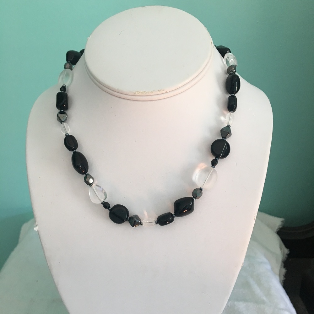 Clear and Black Glass Bead Necklace - Czech